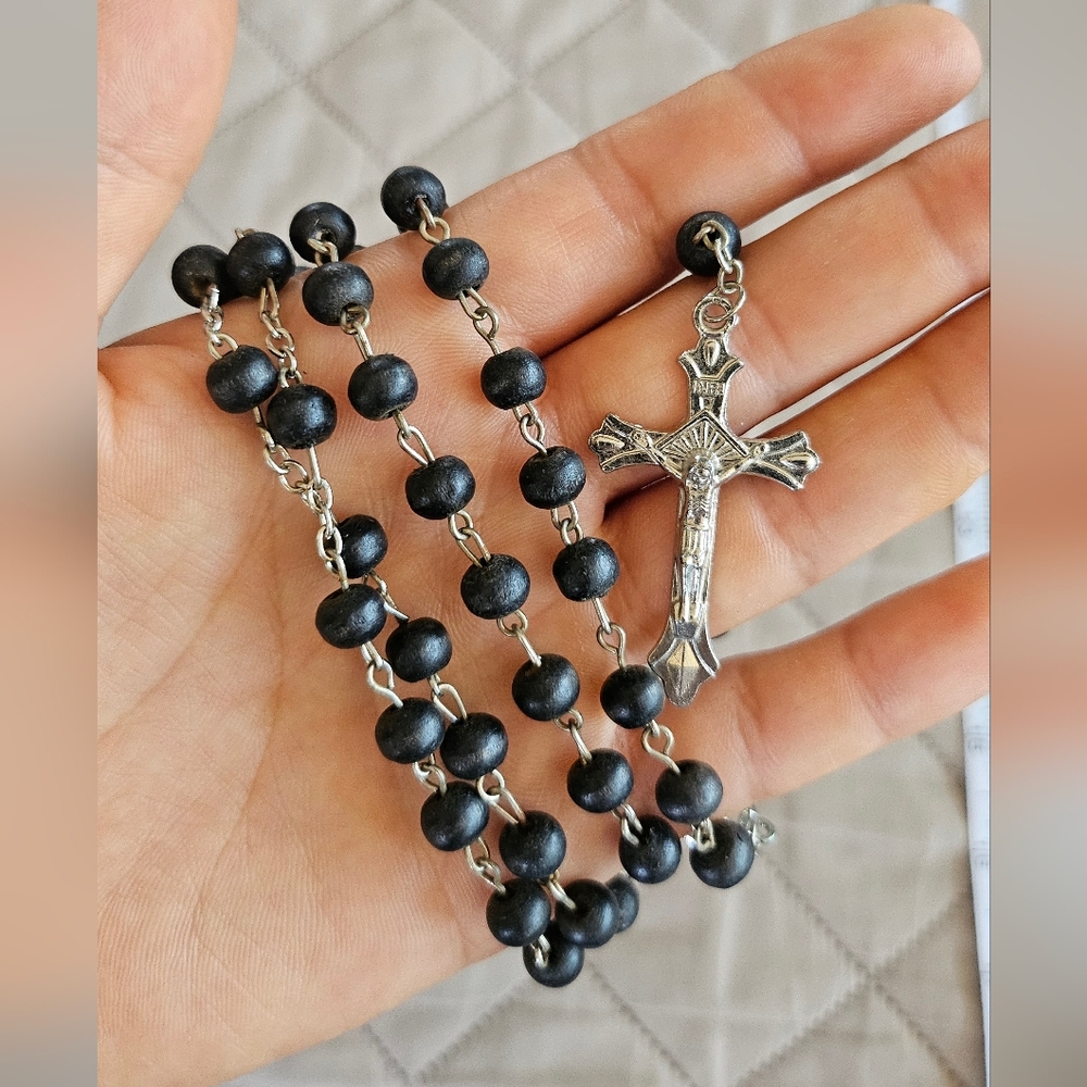Black wooden beads rosary necklace, beads have a scent simliar to sandalwood. In